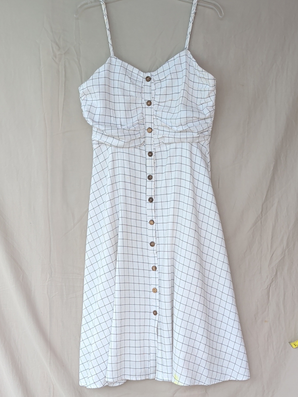 White Grid Button-Front Spaghetti Strap Dress Cool Cotton Date Night Cruise